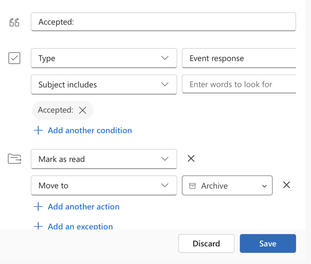An image of the setting in Outlook adding a rule to Archive Meeting Accepted messages