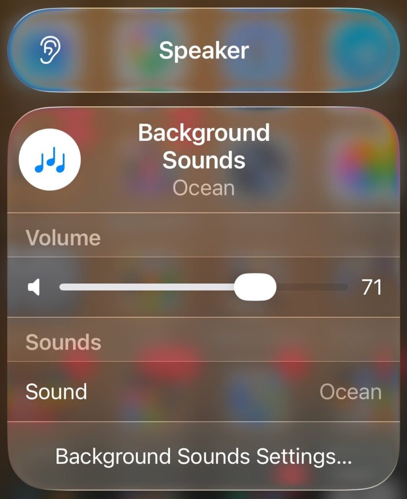 iOS26 Control Center with Background Sounds Ocean active